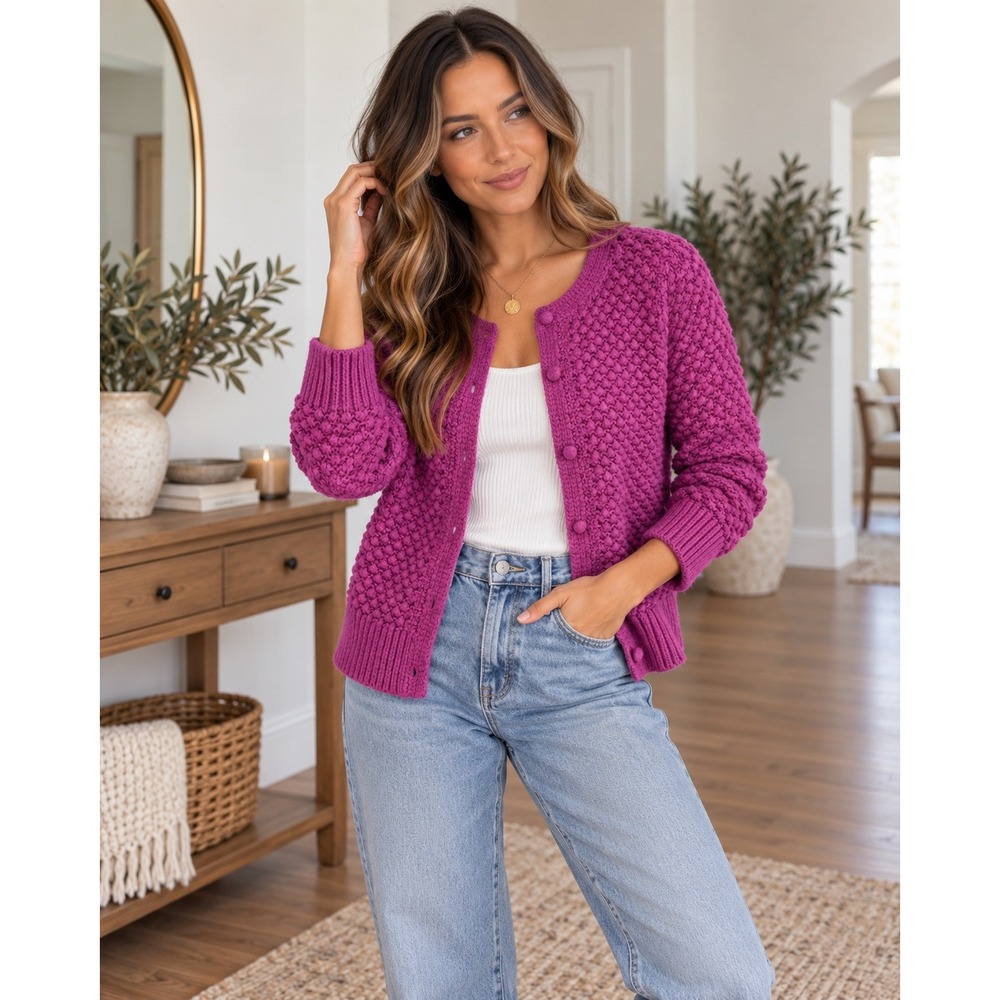 Vintage L.L.Bean Magenta Pink Wool Blend Textured Knit Cardigan – Size Medium